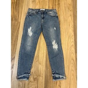 KanCan Distressed Skinny Jeans Medium Wash Released Raw Tulip Hem Size 13/30
